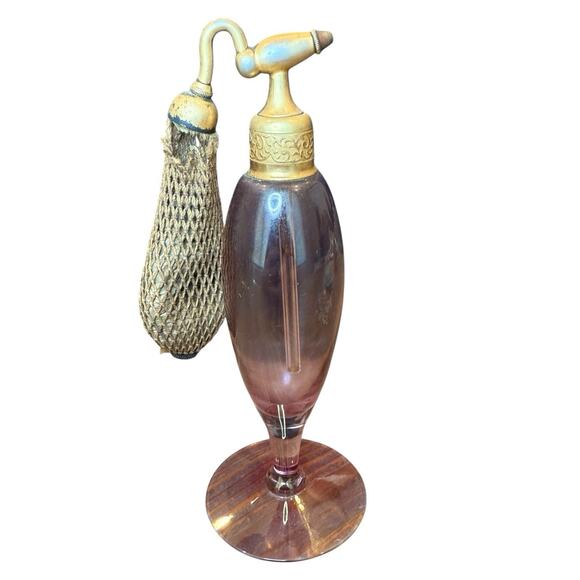 Antique Art Deco 1920’s Perfume Atomizer Glass Bottle Dusty Pink 6” Gold Tone - Picture 2 of 15